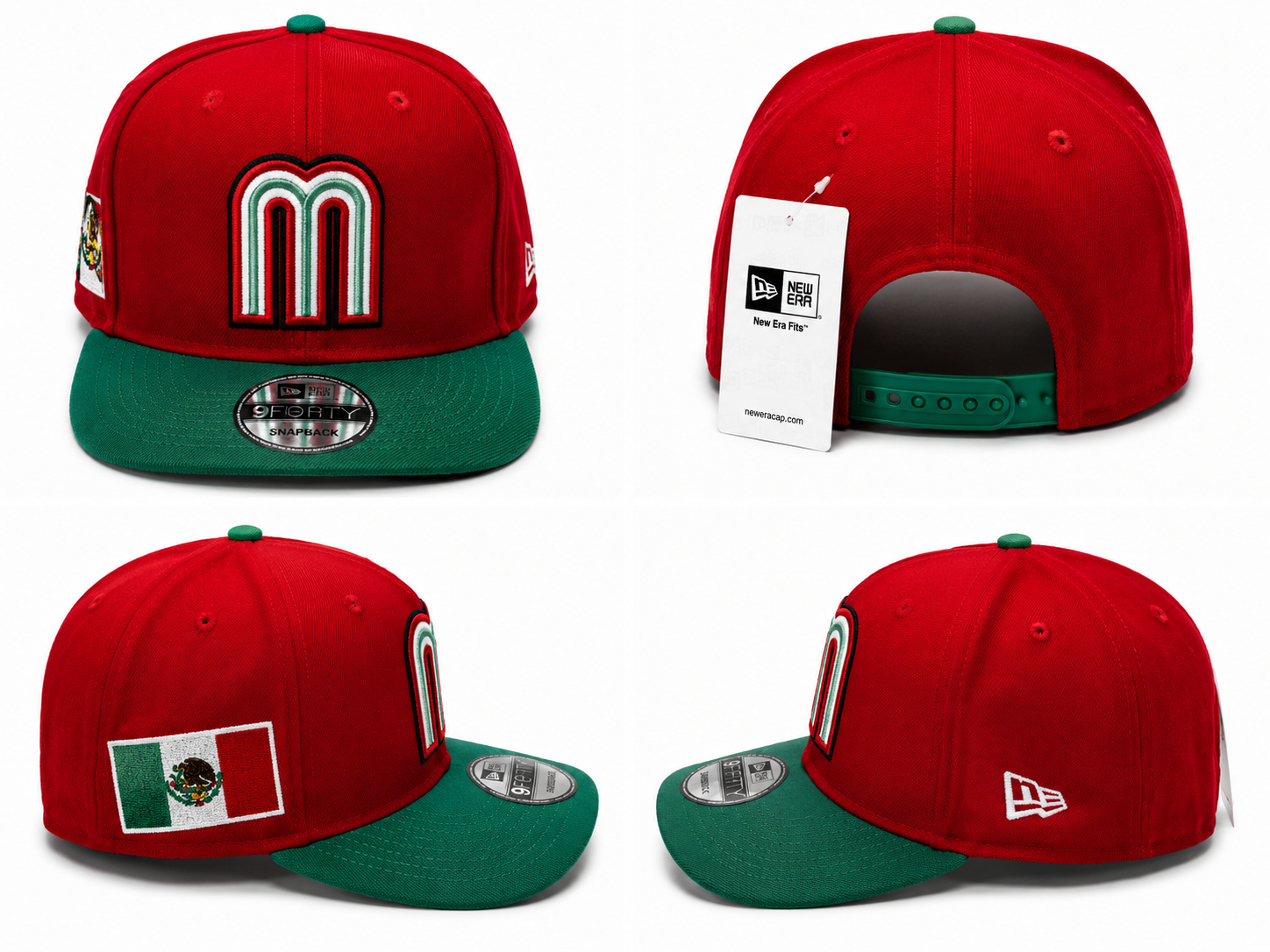 Red snapback with green visor, Mexico-inspired 'M' logo, and Mexico flag side patch.