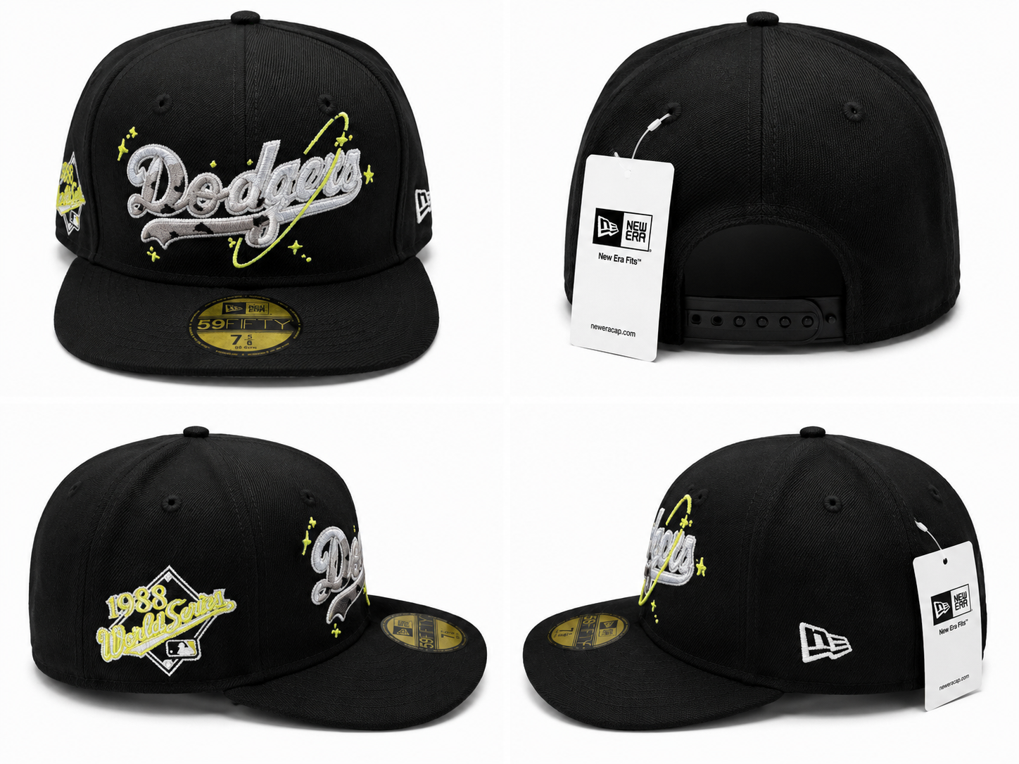 Black fitted cap with oversized silver Dodgers script, neon accent embroidery, and 1988 World Series side patch.