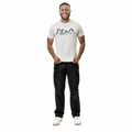 Man wearing a white t-shirt with a logo and black pants on a white background