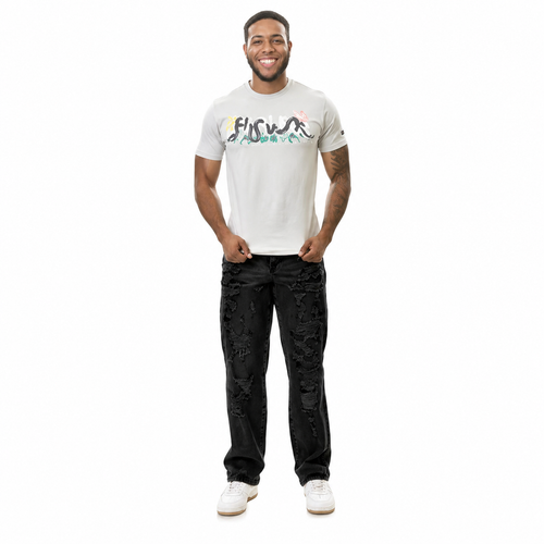 Man wearing a white t-shirt with a logo and black pants on a white background