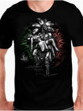 Black t-shirt with a graphic design of a seated figure with feathers and geometric patterns.