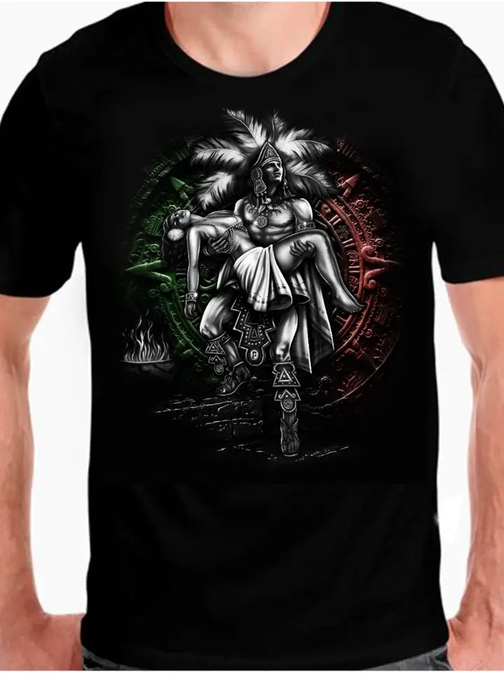 Black t-shirt with a graphic design of a seated figure with feathers and geometric patterns.