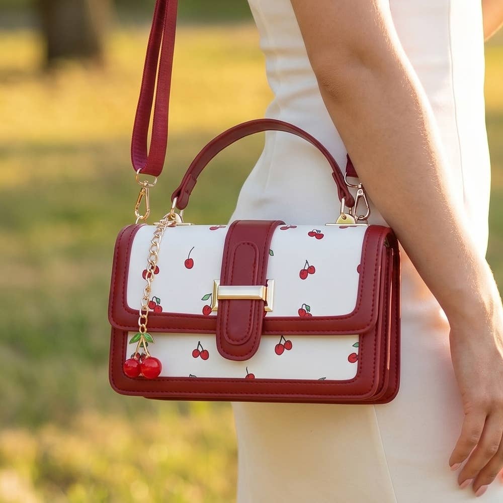 Cherry Print Buckle Flap Satchel: BK