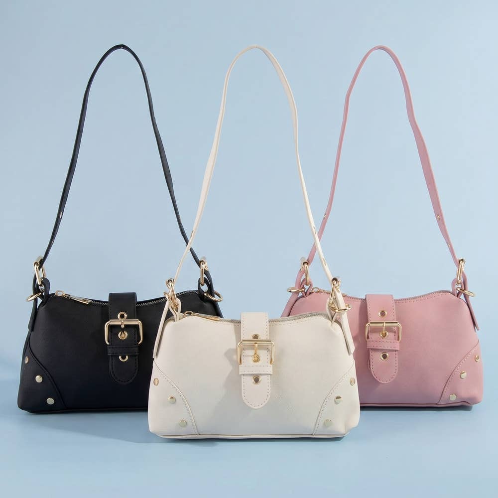 Studded Saffiano Buckle Strap Shoulder Bag: SMV
