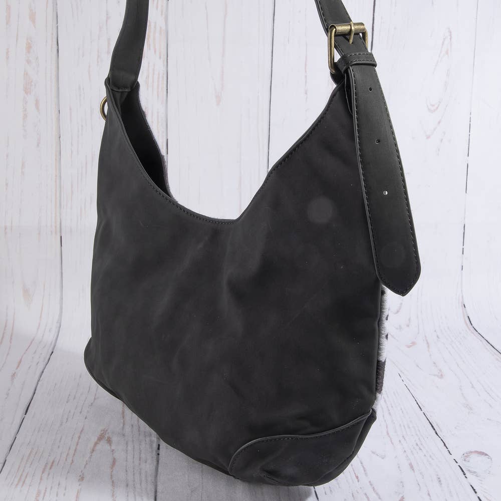 Cow Print Studded Fringe Shoulder Hobo Bag: BW