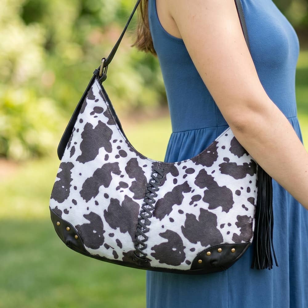 Cow Print Studded Fringe Shoulder Hobo Bag: BW