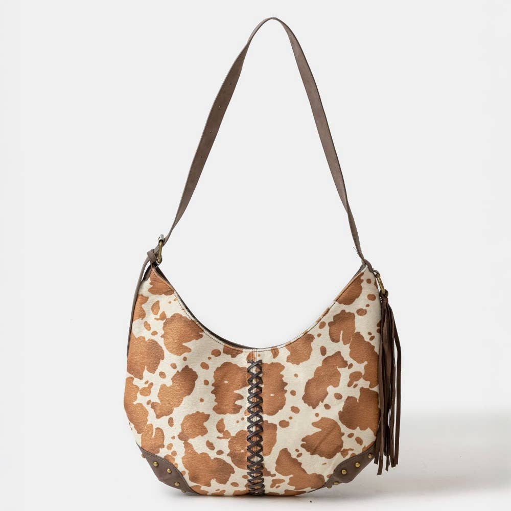 Cow Print Studded Fringe Shoulder Hobo Bag: BW