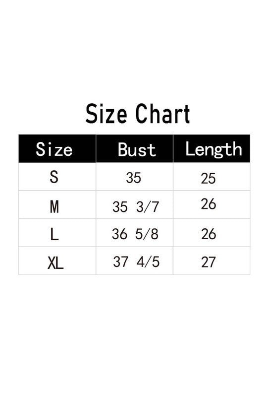 Size chart for clothing with bust and length measurements.